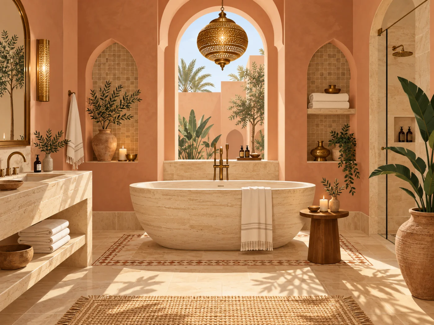 Illustrated sunlit bathroom with a travertine tub beneath a Moorish arch and brass lantern